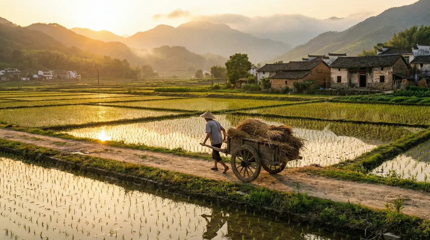 dandy-493 - 金色夕阳下的乡村田野，老农推着木车行走在田埂上